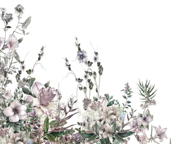 Ακουαρέλα ζωγραφική των φύλλων και των λουλουδιών, σε λευκό φόντο. — Φωτογραφία Αρχείου