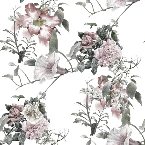 Akwarela malowanie liści i kwiatów, bezszwowy wzór na białym tle. — Zdjęcie stockowe