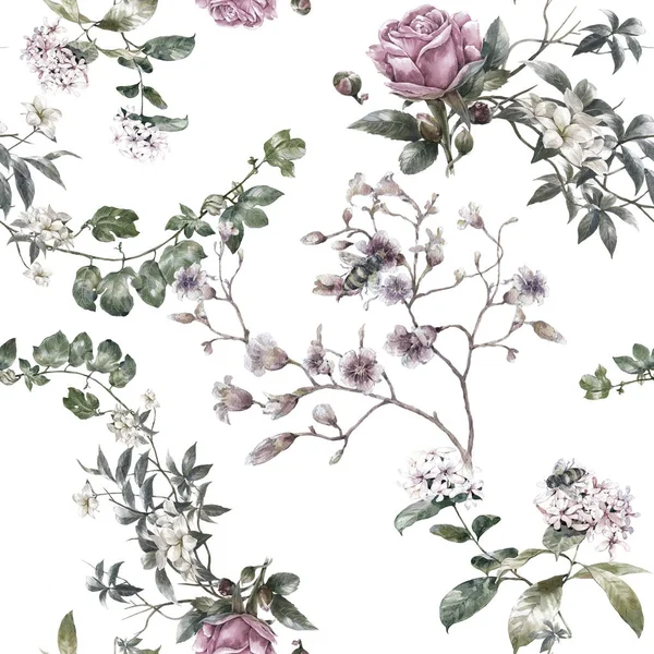 Υδατογραφία των φύλλων και των λουλουδιών, αδιάλειπτη μοτίβο σε λευκό φόντο. — Φωτογραφία Αρχείου