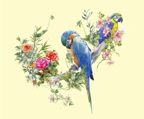 Ζωγραφική με νερομπογιές με πουλιά και λουλούδια, σε κρεμ φόντο. — Φωτογραφία Αρχείου