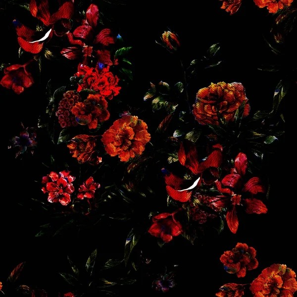 Yaprak ve çiçeklerin suluboya resmi, koyu arkaplanda pürüzsüz desen.