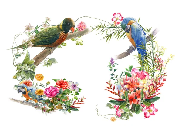 Malba akvarel s ptákem a květy na bílém pozadí. — Stock fotografie