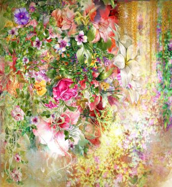 Soyut renkli çiçekler suluboya resim. Bahar çok renkli