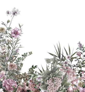 Beyaz arkaplanda yaprakların ve çiçeklerin suluboya resmi.