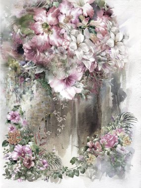 Soyut renkli çiçekler suluboya resim. Bahar çok renkli