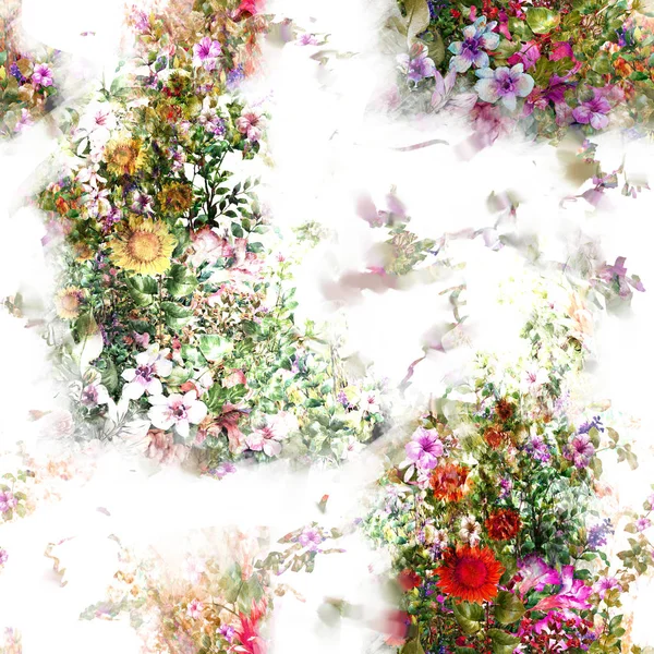 叶和花的水彩画,白色背景的无缝图案. — 图库照片