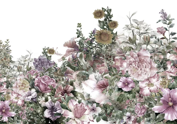 나뭇잎과 꽃을 흰색 배경으로 물감으로 그린 그림. — 스톡 사진