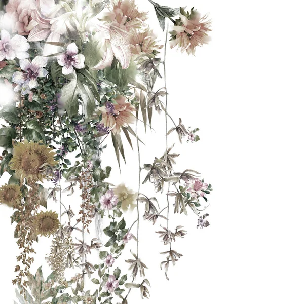 Ακουαρέλα ζωγραφική των φύλλων και των λουλουδιών, σε λευκό φόντο. — Φωτογραφία Αρχείου