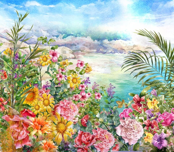 Abstract flowers watercolor painting. Spring multicolored near the sea.