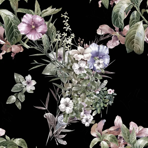 Υδατογραφία των φύλλων και των λουλουδιών, αδιάλειπτη μοτίβο σε σκούρο φόντο. — Φωτογραφία Αρχείου