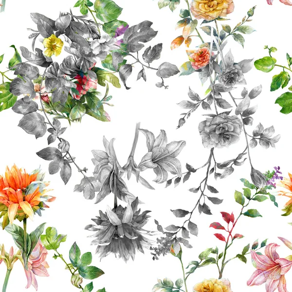 Aquarellmalerei von Blatt und Blumen, nahtloses Muster auf weißem Hintergrund. — Stockfoto