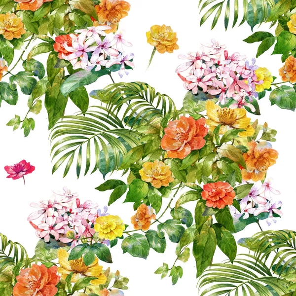 Watercolor painting of leaf and flowers, seamless pattern on white background.