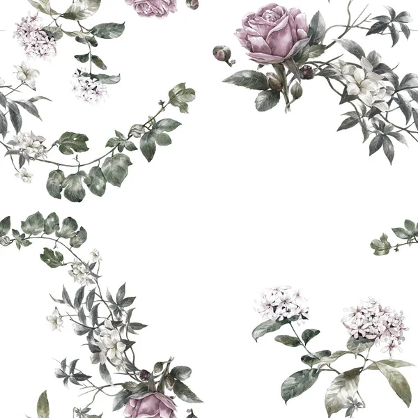Akwarela malowanie liści i kwiatów, bezszwowy wzór na białym tle. — Zdjęcie stockowe