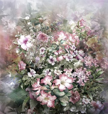 Soyut renkli çiçekler suluboya resim. Bahar çok renkli