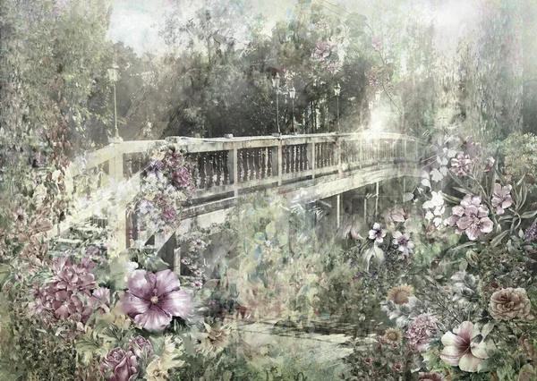 多彩多姿的抽象春天的花朵附近运河大桥水彩绘画 — 图库照片