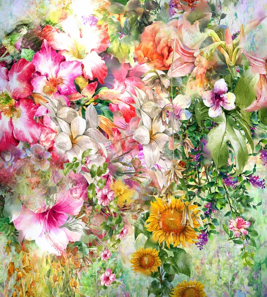 Abstract Kleurrijke Bloemen Aquarel Schilderen Lente Veelkleurig — Stockfoto