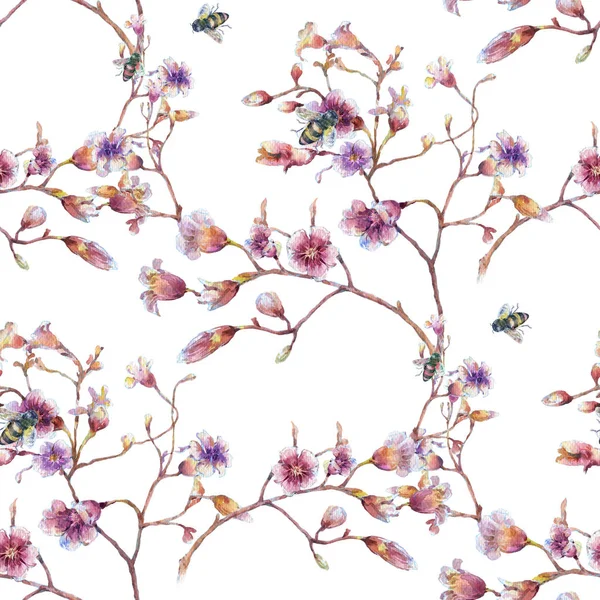 Akvarell Målning Och Blomma Sömlösa Mönster Vit Bakgrund — Stockfoto