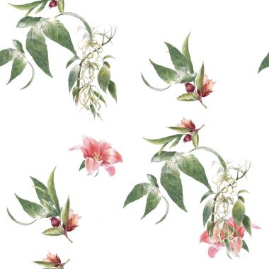 Yaprak ve çiçeklerin suluboya resmi, beyaz arkaplanda pürüzsüz desen