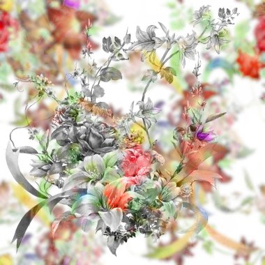 Yaprak ve çiçeklerin suluboya resmi, beyaz arkaplanda pürüzsüz desen