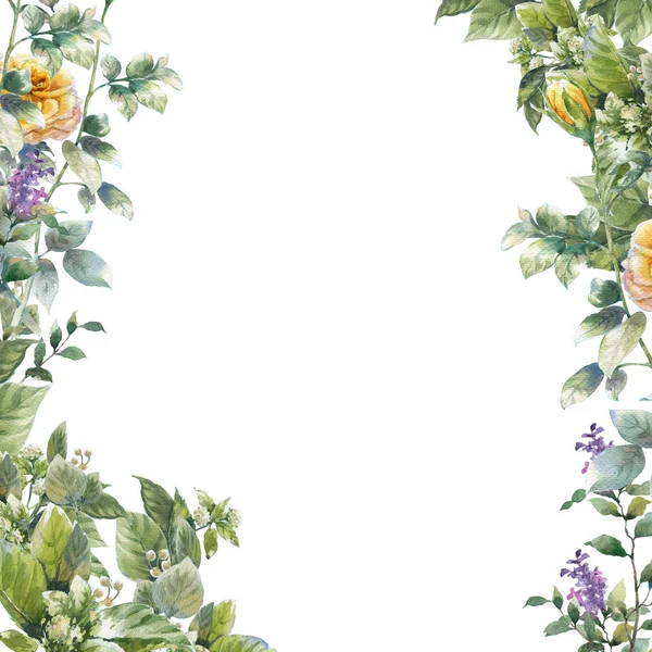 Aquarela Pintura Folhas Flores Sobre Fundo Branco — Fotografia de Stock