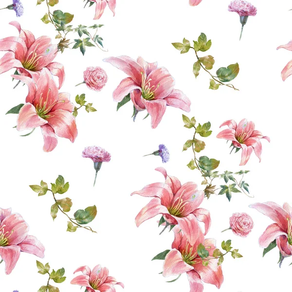 Watercolor painting of leaf and flowers, seamless pattern on white background