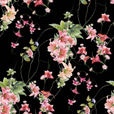 Yaprak ve çiçeklerin suluboya resmi, koyu arkaplanda pürüzsüz desen