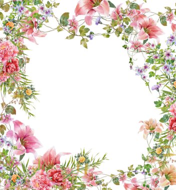 Beyaz arkaplanda yaprakların ve çiçeklerin suluboya resmi 