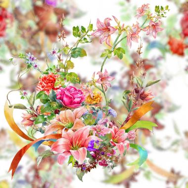 Yaprak ve çiçeklerin suluboya resmi, beyaz arkaplanda pürüzsüz desen