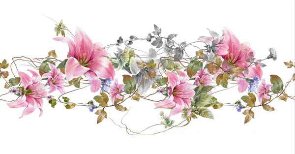 Akvarel Malba Listů Květin Bezešvé Vzor Bílém Pozadí — Stock fotografie