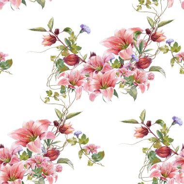 Yaprak ve çiçeklerin suluboya resmi, beyaz arkaplanda pürüzsüz desen