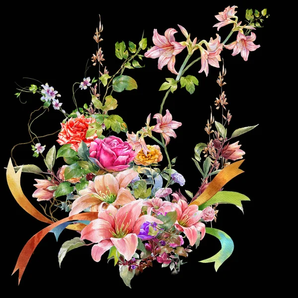 Akvarel Malba Listí Květin Tmavém Pozadí — Stock fotografie