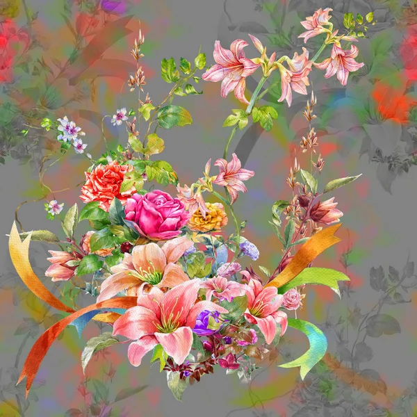 Aquarela Pintura Folha Flores Padrão Sem Costura — Fotografia de Stock
