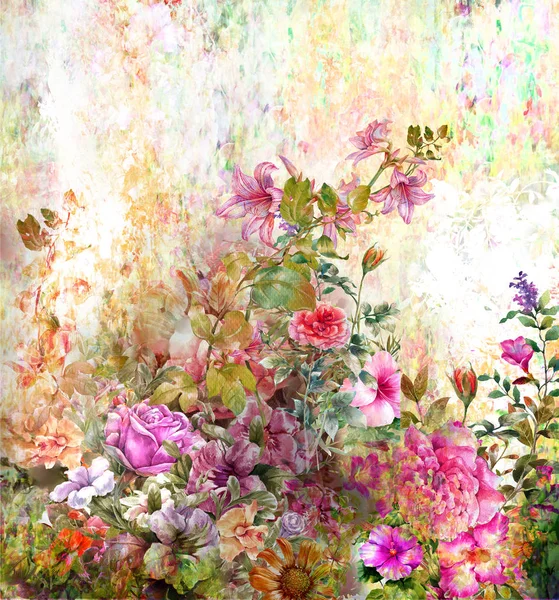 Αφηρημένη Πολύχρωμα Λουλούδια Ζωγραφική Ακουαρέλα Άνοιξη Πολύχρωμη — Φωτογραφία Αρχείου