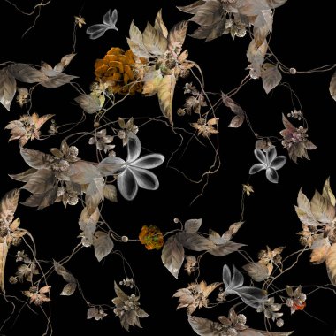 Yaprak ve çiçeklerin suluboya resmi, koyu arkaplanda pürüzsüz desen