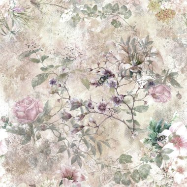 Yaprak ve çiçeklerin suluboya resmi, kusursuz desen