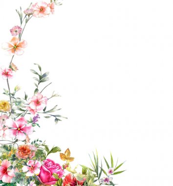 Beyaz arkaplanda yaprakların ve çiçeklerin suluboya resmi 