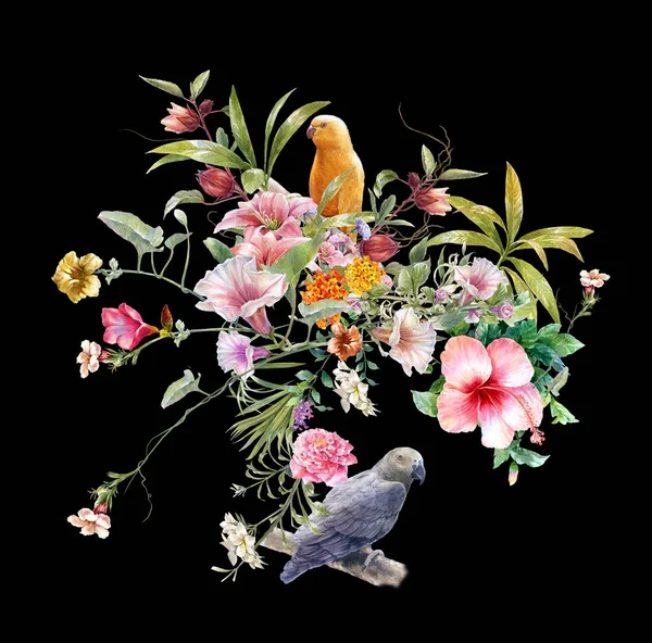 Aquarell Von Vogel Und Blume Auf Dunklem Hintergrund — Stockfoto
