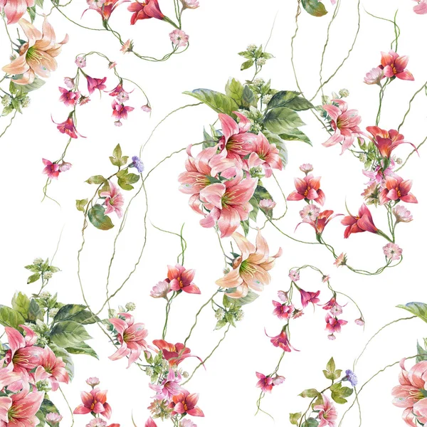 Yaprak ve çiçeklerin suluboya resmi, beyaz arkaplanda pürüzsüz desen