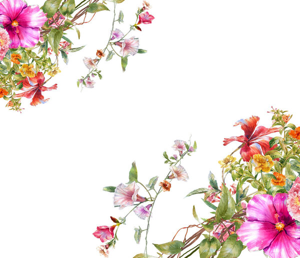 watercolor painting of leaves and flower, on white background 