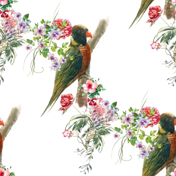 Pittura Acquerello Con Uccelli Fiori Modello Senza Cuciture Sfondo Bianco — Foto Stock