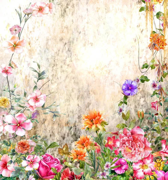 Absztrakt Színes Virágok Akvarell Festés Tavaszi Sokszínű — Stock Fotó