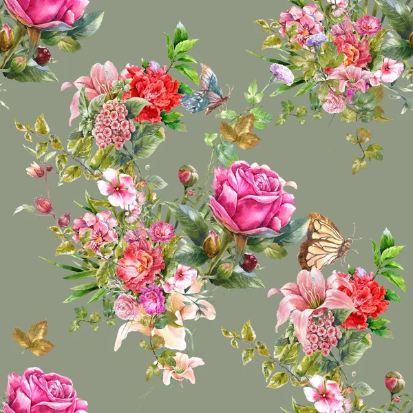 Akvarell Målning Blad Och Blommor Sömlösa Mönster Grön Grå Bakgrund — Stockfoto