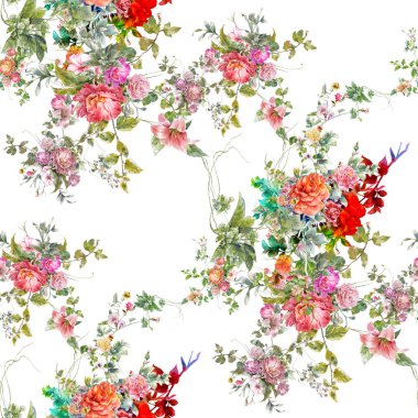 Yaprak ve çiçeklerin suluboya resmi, beyaz arkaplanda pürüzsüz desen