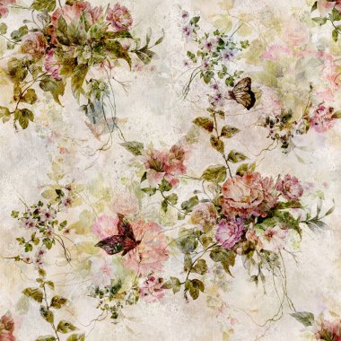 Yaprak ve çiçeklerin suluboya resmi, kusursuz desen