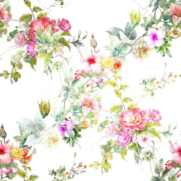 Watercolor Painting Leaf Flowers Seamless Pattern White Background — Stock Photo, Image