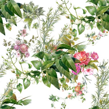 Yaprak ve çiçeklerin suluboya resmi, beyaz arkaplanda pürüzsüz desen