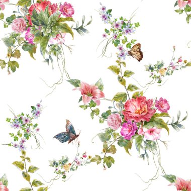 Yaprak ve çiçeklerin suluboya resmi, beyaz arkaplanda pürüzsüz desen