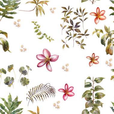 Yaprak ve çiçeklerin suluboya resmi, beyaz arkaplanda pürüzsüz desen