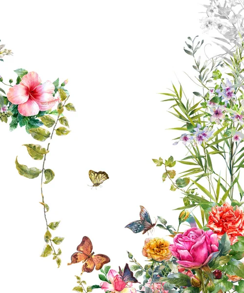 Akvarell Festmény Levelek Virág Pillangó Fehér Háttér — Stock Fotó