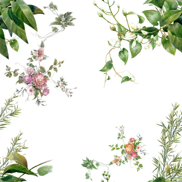 Aquarellmalerei Von Blatt Und Blumen Nahtloses Muster Auf Weißem Hintergrund — Stockfoto